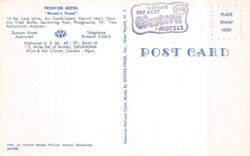 MIAMI, OK Oklahoma FRONTIER MOTEL Roadside ROUTE 66  Ottawa Co c1950's Postcard