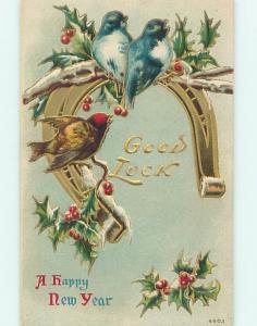 Pre-Linen new year BEAUTIFUL BLUEBIRD BIRDS SITTING ON LUCKY HORSESHOE HQ8153