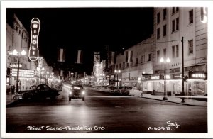 RPPC Downtown Street Scene at Night, Pendleton OR Vintage Postcard V66