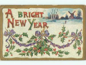 Pre-Linen new year WINDMILL WITH HOLLY AND PURPLE RIBBON k5100