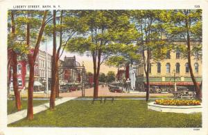 Bath New York~Liberty Street~Flower Beds in Park~Fountain~1942 Linen Postcard