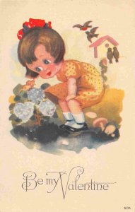 Be My Valentine Girl Butterfly on Flowers 1910c postcard