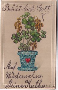 Greetings 1916 Shamrocks Forget-me-not Allegoric Pot Glitter Embossed postcard