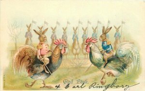 C-1905 Rabbit Mounted Chicken Warrior Military Fantasy Postcard 20-6639