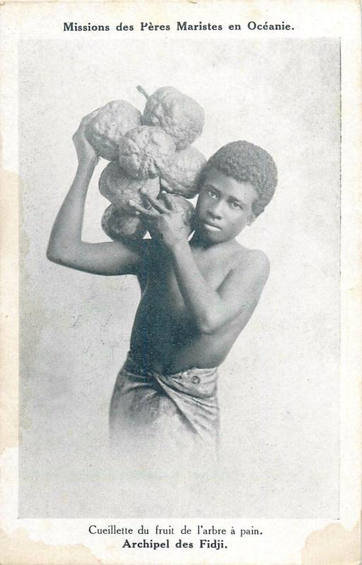 Oceania FIJI Islands early/vintage postcard native boy picking bread fruits