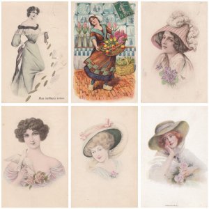 Lot of 6 vintage postcards lovely drawn glamor women portraits