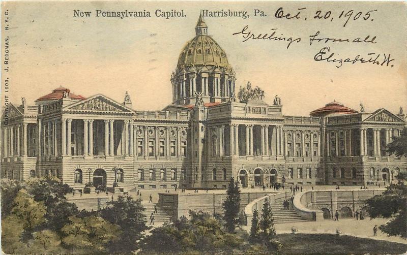 c1905 Hand Colored Postcard; New Pennsylvania Capitol Harrisburg PA Dauphin Co.