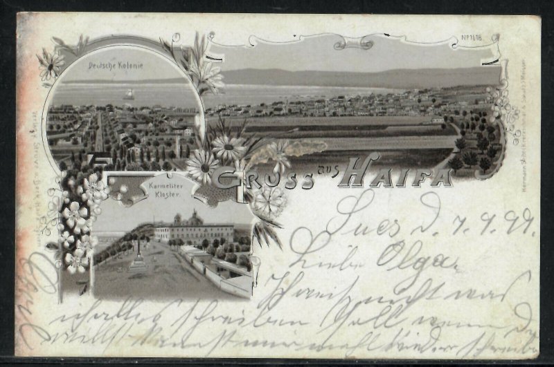 Karmeliter Kloster & Deutsch Kolonie Haifa Palestine Maritime mail Suez 1899 SMS
