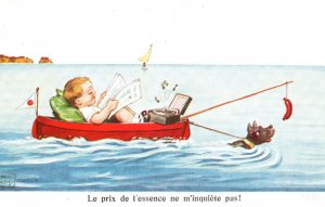 Little Cutie Reading Books While Lying At The Boat Comic Vintage Postcard