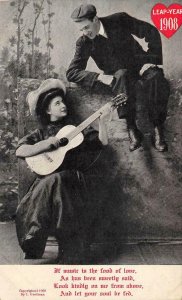 Woman Playing Guitar 1908 Leap-Year Music Couple Romantic Vintage Postcard