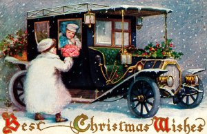 Vintage Christmas Romance Children Antique Jalopy Automobile  Antique Postcard