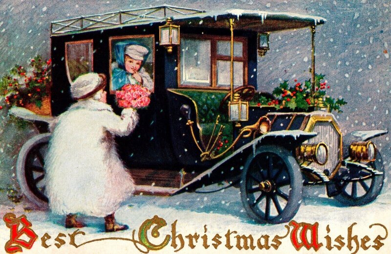 Vintage Christmas Romance Children Antique Jalopy Automobile  Antique Postcard