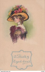 A Tricky Eyed dear,  Flirty beautiful woman wearing big flowered hat, PU-1912