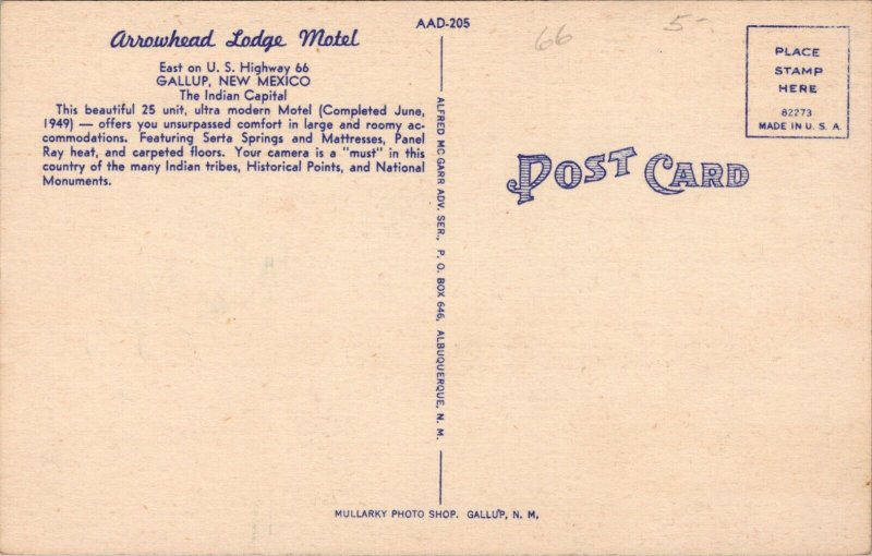 Arrowhead Lodge Motel Gallup NM Postcard PC532