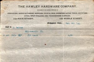 1914  Bridgeport  Connecticut  The Hawley Hardware Co.  Receipt  8 x 5