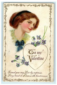 1919 Valentine Schmucker? Flowers Sending Love Embossed Antique Postcard 