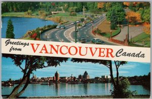 Greetings Vancouver BC Stanley Park Entrance & Skyline Postcard H82