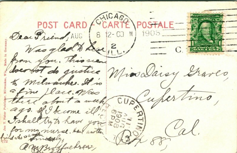 Vtg Carte Postale 1908 L' Bay Milwaukee, Wisconsin Vue De Littoral Chemin Pistes