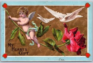 K47/ Valentine's Day Love Holiday Postcard c1910 Cupid Wings Doves 519