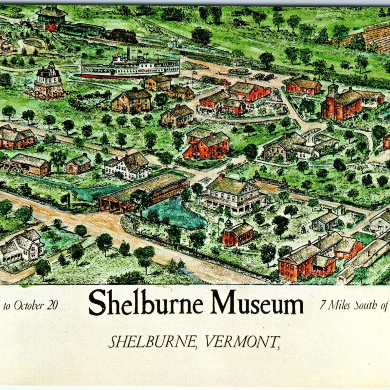 c1960s Shelburne, VT Museum Advertising Hours Postcard Birds Eye Painting A63