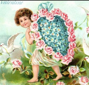 c1910 To My Valentine Child Roses Doves Embossed Postcard 5-41
