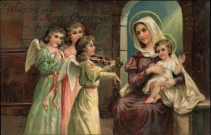 Christmas Little Girl Angels Play Violin for Baby Jesus and Mary c1910 Postcard