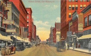 Des Moines Iowa 1910 Postcard Walnut Street Cars Buggies Photographer Shoe Store