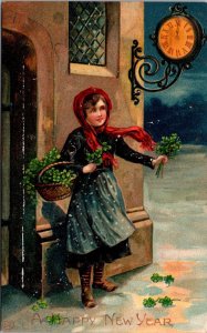 New Year Postcard Young Girl Selling Bunches of Four Leaf Clovers in the Snow