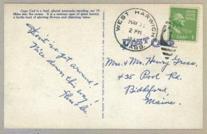 West Harwich, Massachusetts to Biddeford, Maine 1949 Cape Cod Lobster Postcard