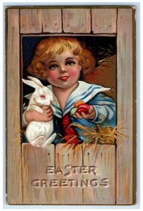 1913 Easter Greetings Boy With Eggs And Bunny Rabbit Fort Wayne IN Postcard