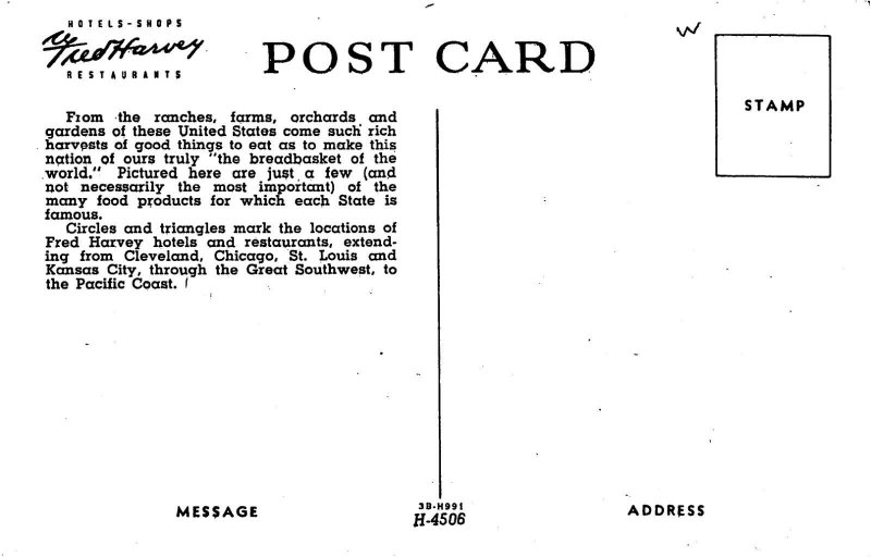 Fred Harvey Food Map Hotels Restaurants United States Advertising linen postcard