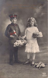 MILITARY WWI Germany 1916, Little Boy in Soldier's Uniform, Girl w Cake, Easter