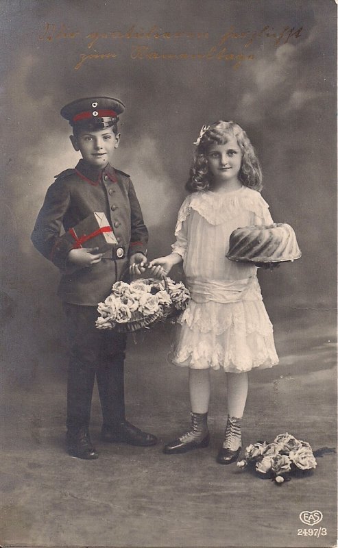 MILITARY WWI Germany 1916, Little Boy in Soldier's Uniform, Girl w