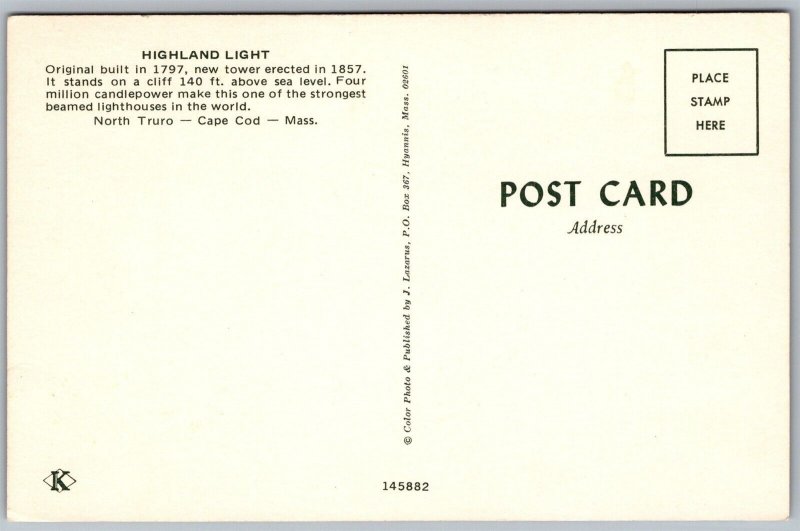 Vtg North Truro Cape Cod Massachusetts MA Highland Light Lighthouse Postcard