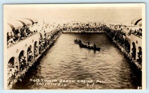 RPPC HOLLYWOOD, Florida FL ~ Crowd Pool HOLLYWOOD BEACH CASINO 1930-40s Postcard