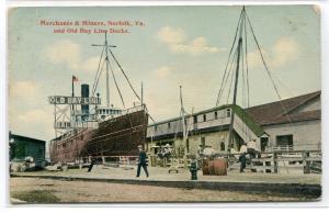 Old Bay Line Docks Merchant & Miners Norfolk Virginia 1914 postcard