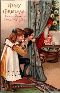 Postcard Christmas Children Spying on Santa 1906 Minot ND