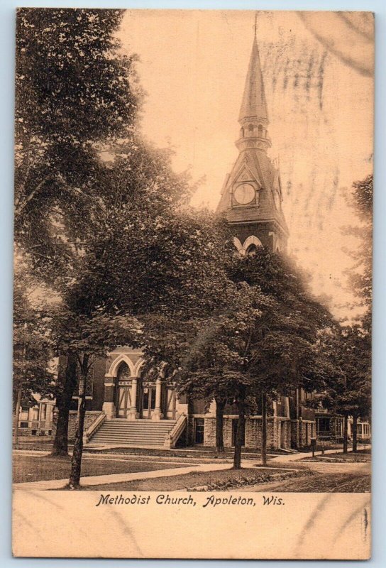 c1909 Appleton Wisconsin Postcard Methodist Church Exterior Building View Trees