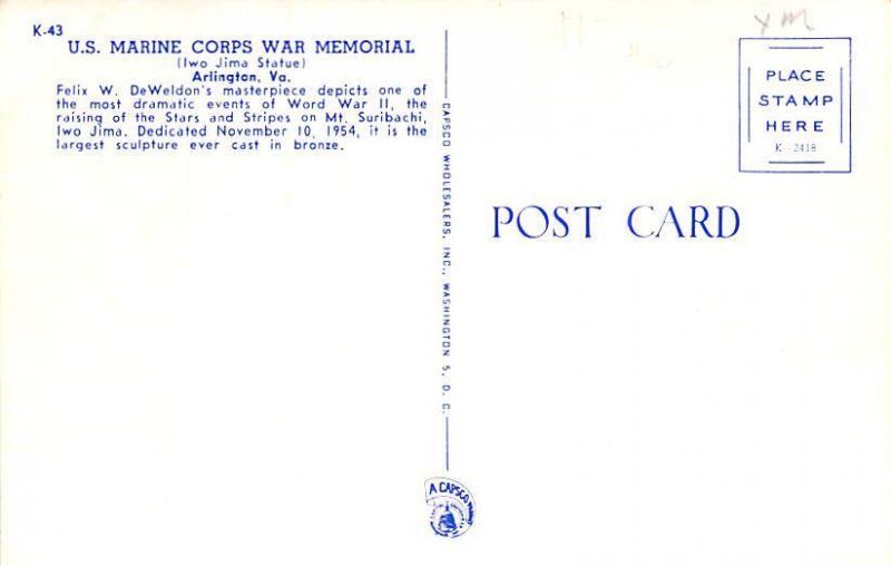 US Marine Corps War Memorial Iwo Jima, Arlington, Virginia, USA Unused 