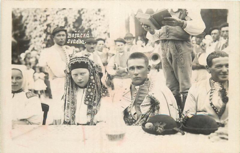 Slovak and Czech folk tradition wedding groom & bride real photo postcards 1940s