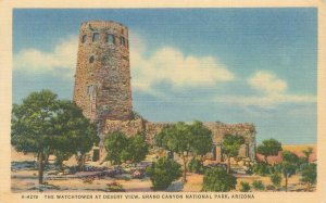 Grand Canyon Watchtower at Desert View, Arizona Linen Postcard, Fred Harvey