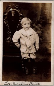 c1910 CUTE LITTLE BOY TRENTON IL LEE DENTON BRITT PHOTO RPPC POSTCARD 39-103