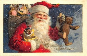 Red Suited Santa Claus Teddy Bear Christmas Greetings John Winsch Postcard