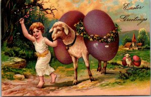 Vtg Easter Greetings Girl Leads Lamb Carrying Exaggerated Eggs 1907 Postcard