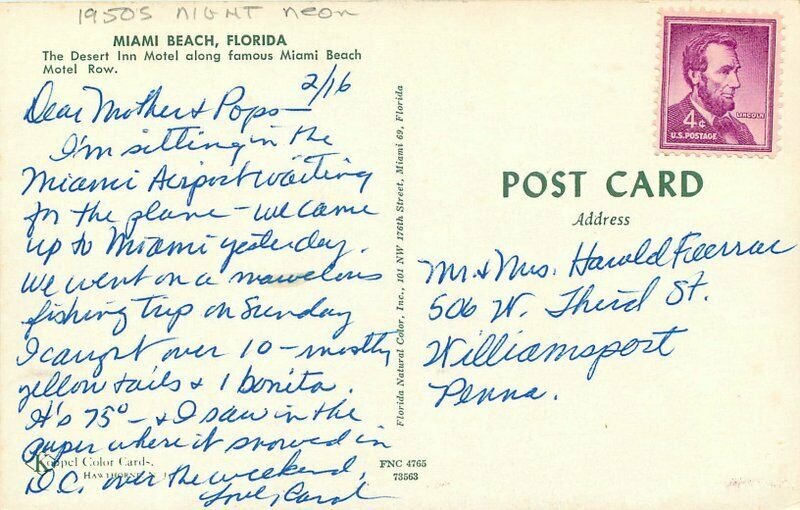Autos Desert Inn Motel 1950s Night Neon Miami Beach Florida Postcard 10923