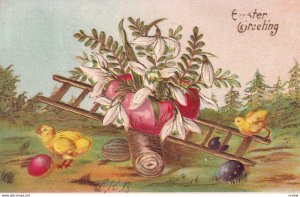 EASTER, PU-1908; Greeting, Chicks, Colored eggs, Gold Ladder Teeter Totter, L...