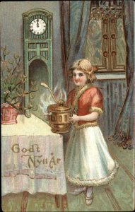 Godt Nytt Ar New Year Little Girl Antique Caldron Pot c1910 Vintage Postcard