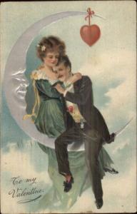 Valentine - Crescent Man in the Moon Romance Couple PFB c1910 Postcard