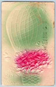 1909 HOT AIR BALLOON AIRBRUSHED EMBOSSED PINK GREEN FLOWERS BEST WISHES POSTCARD 