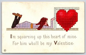 Valentine~Girl Squares Up Heart~Dot Matrix~Stecher #514F~c1915 Vintage Postcard